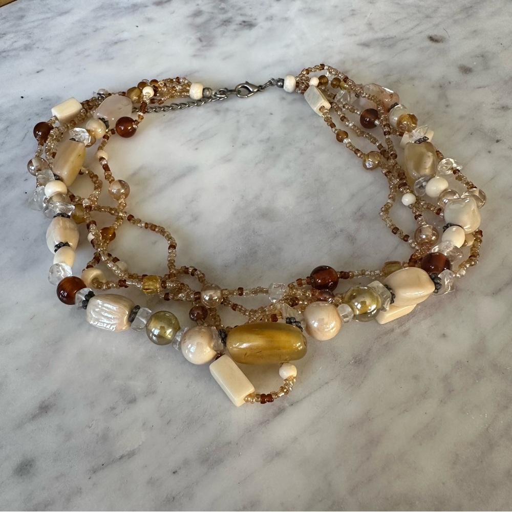 Multi-Strand Cream & Amber Beaded Necklace